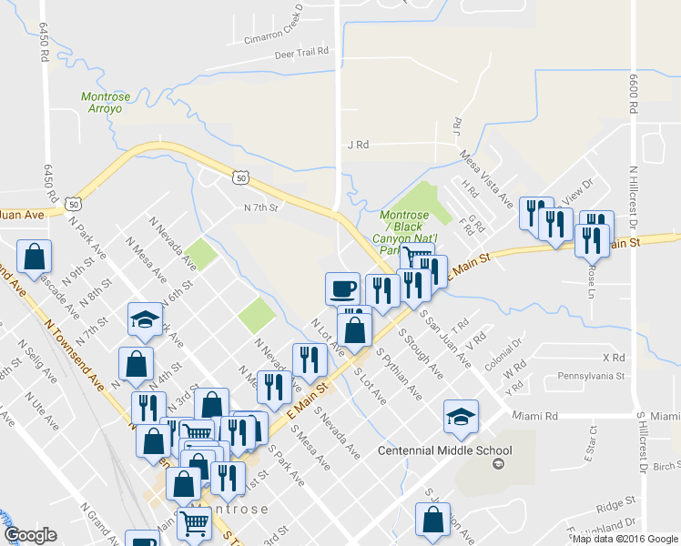 map of restaurants, bars, coffee shops, grocery stores, and more near 224 North Stough Avenue in Montrose