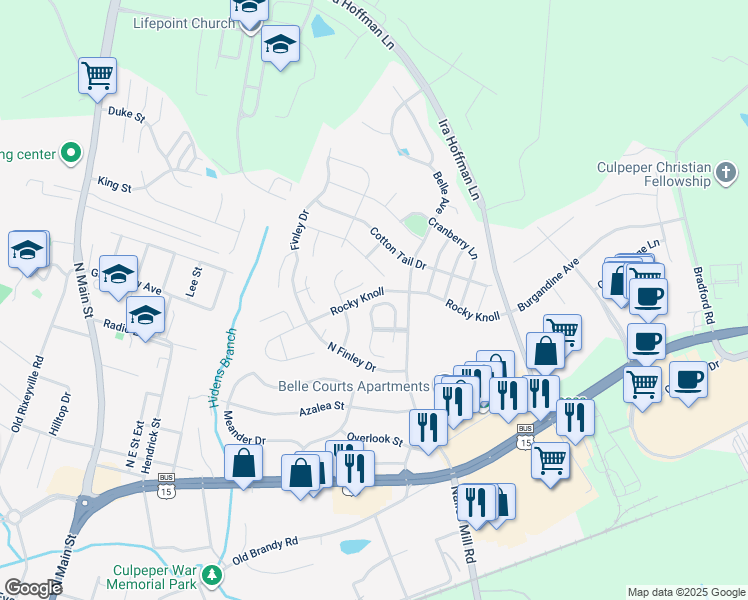 map of restaurants, bars, coffee shops, grocery stores, and more near 1612 Harrier Lane in Culpeper