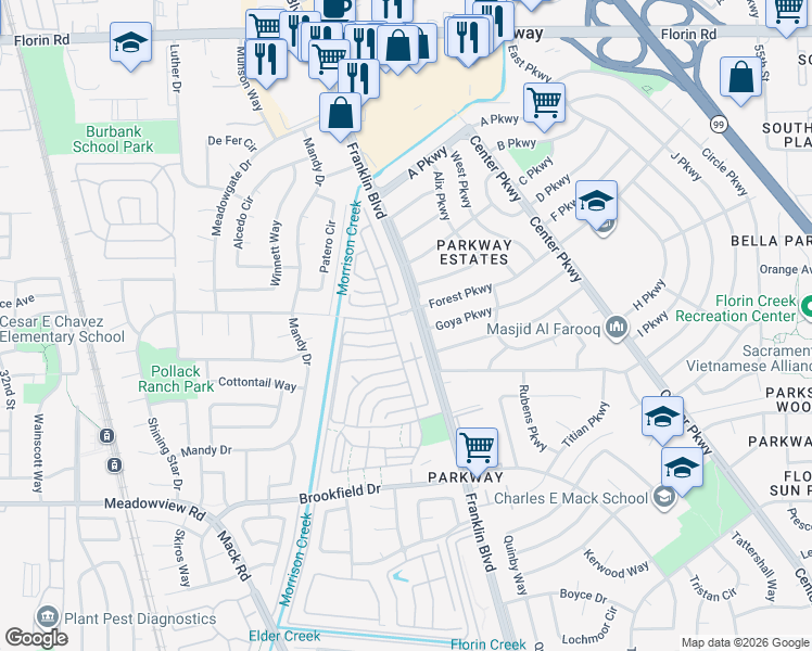 map of restaurants, bars, coffee shops, grocery stores, and more near 4400 Shining Star Drive in Sacramento