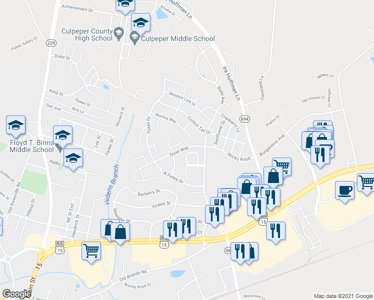 map of restaurants, bars, coffee shops, grocery stores, and more near 1612 Harrier Lane in Culpeper