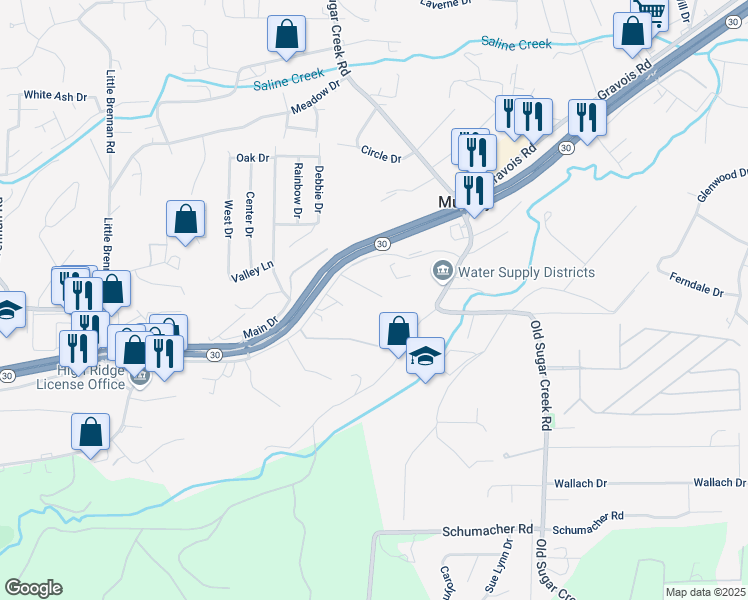 map of restaurants, bars, coffee shops, grocery stores, and more near 4300 Kings Acres Drive in High Ridge
