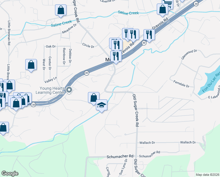 map of restaurants, bars, coffee shops, grocery stores, and more near 190 Old Sugar Creek Road in Fenton