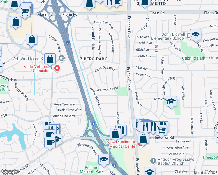 map of restaurants, bars, coffee shops, grocery stores, and more near 7451 Mooncrest Way in Sacramento