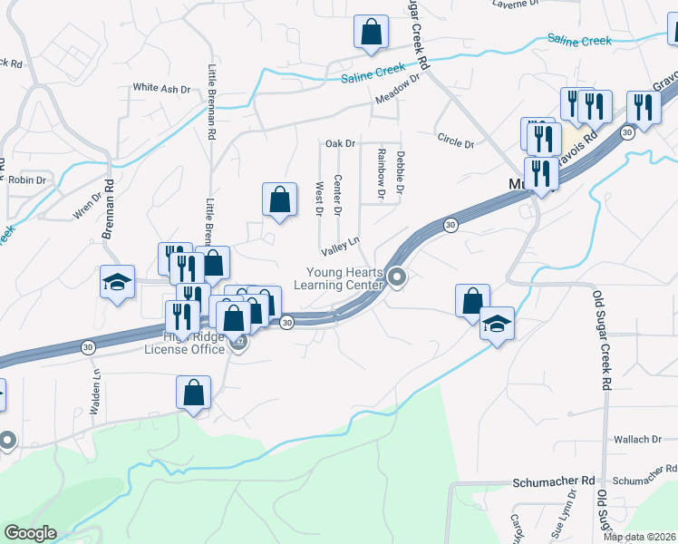map of restaurants, bars, coffee shops, grocery stores, and more near 4417 Ridge Drive in High Ridge