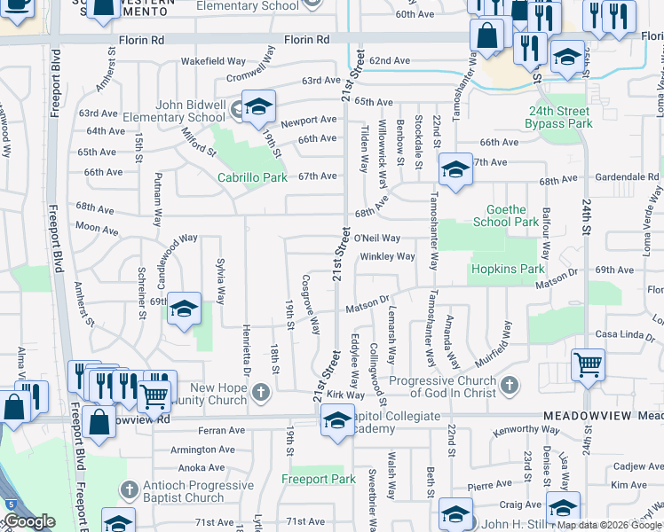 map of restaurants, bars, coffee shops, grocery stores, and more near 7438 21st Street in Sacramento