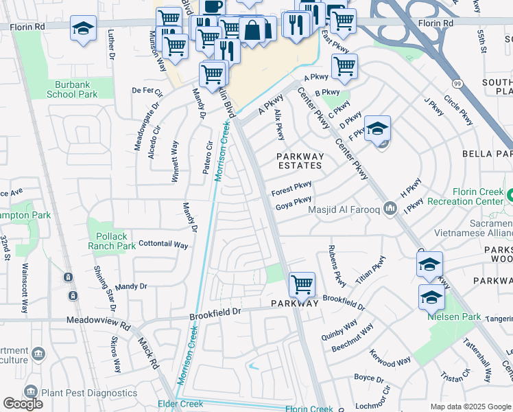 map of restaurants, bars, coffee shops, grocery stores, and more near 4400 Shining Star Drive in Sacramento
