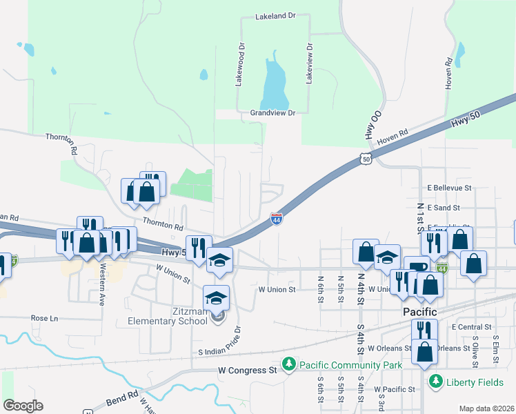 map of restaurants, bars, coffee shops, grocery stores, and more near 505 North Monroe Street in Pacific