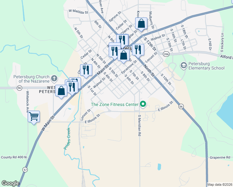 map of restaurants, bars, coffee shops, grocery stores, and more near 404 South 3rd Street in Petersburg