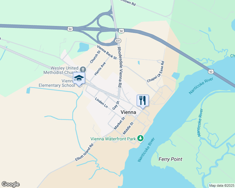map of restaurants, bars, coffee shops, grocery stores, and more near 307 Old Ocean Gateway in Vienna