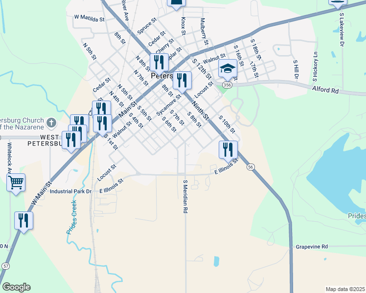 map of restaurants, bars, coffee shops, grocery stores, and more near 601 South Meridian Road in Winslow