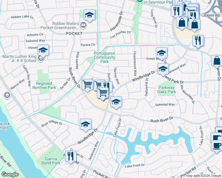 map of restaurants, bars, coffee shops, grocery stores, and more near 7502 Durfee Way in Sacramento