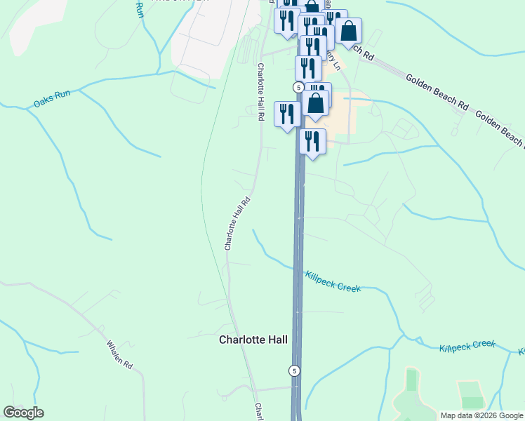map of restaurants, bars, coffee shops, grocery stores, and more near 29805 Three Notch Road in Charlotte Hall