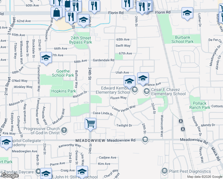 map of restaurants, bars, coffee shops, grocery stores, and more near 7497 Loma Verde Way in Sacramento