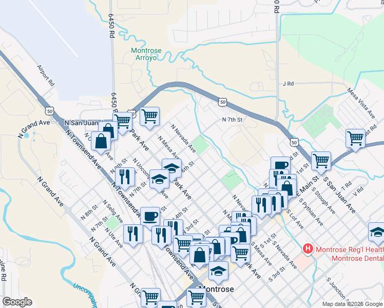 map of restaurants, bars, coffee shops, grocery stores, and more near 611 North Nevada Avenue in Montrose
