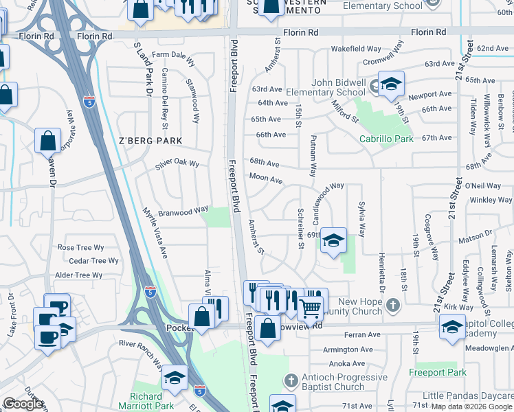 map of restaurants, bars, coffee shops, grocery stores, and more near 7405 Carella Drive in Sacramento
