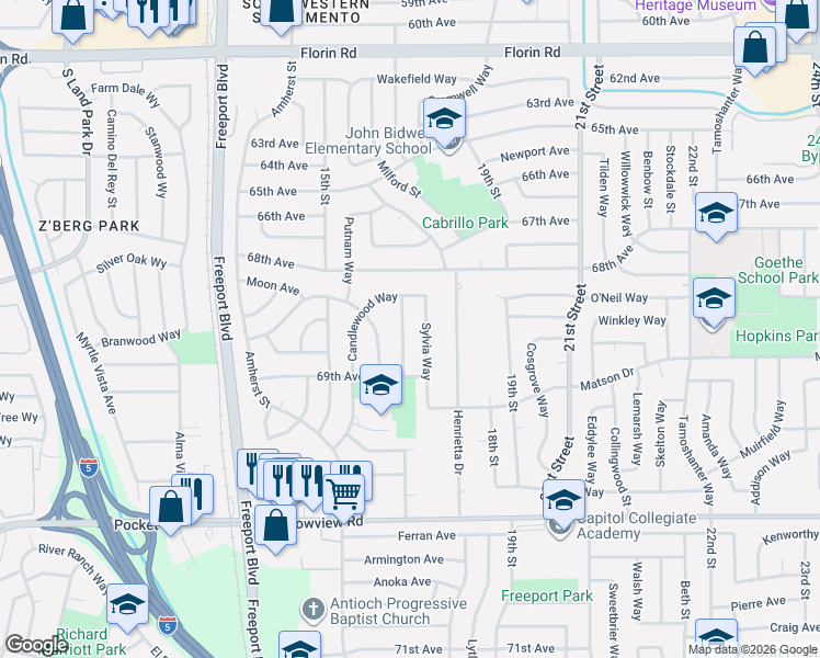 map of restaurants, bars, coffee shops, grocery stores, and more near 7462 Sylvia Way in Sacramento
