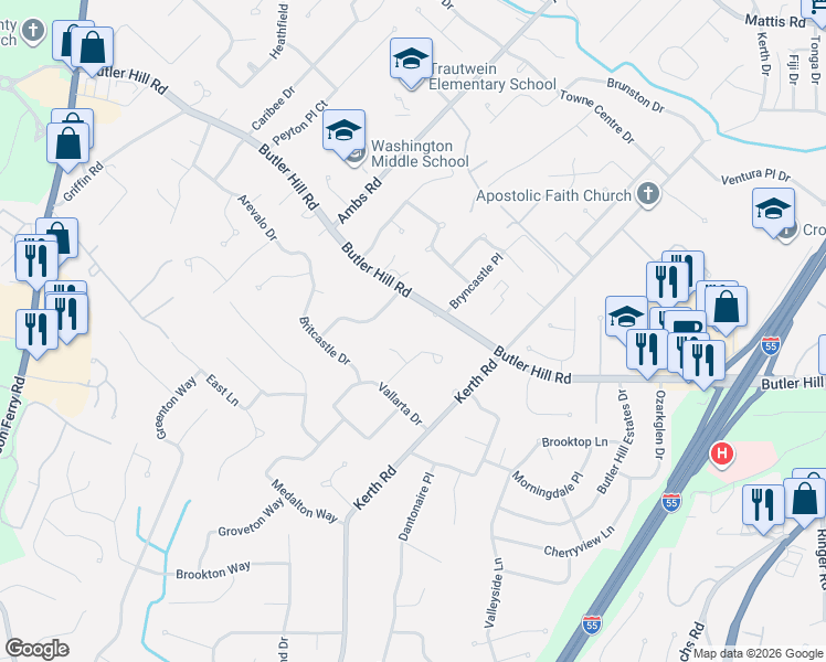 map of restaurants, bars, coffee shops, grocery stores, and more near 4615 Brookcastle Court in St. Louis