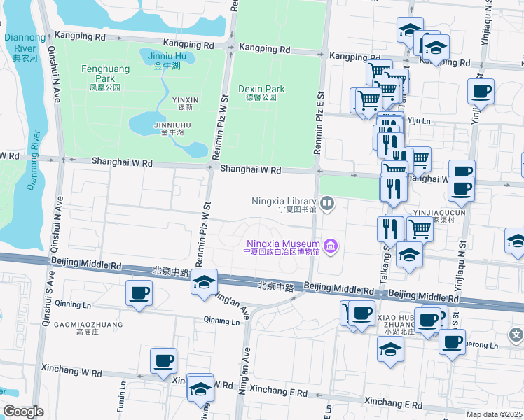map of restaurants, bars, coffee shops, grocery stores, and more near in Yinchuan