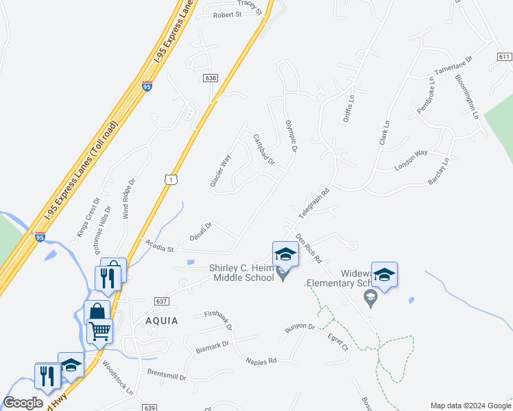 map of restaurants, bars, coffee shops, grocery stores, and more near 115 Olympic Drive in Stafford