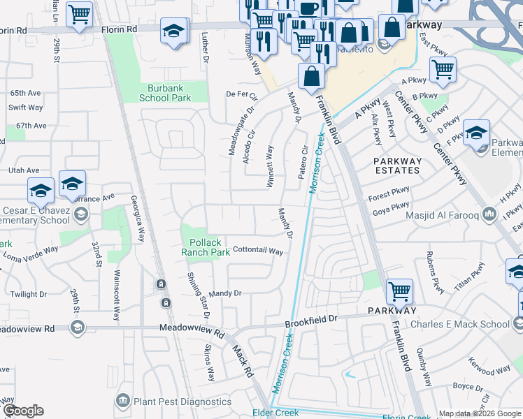 map of restaurants, bars, coffee shops, grocery stores, and more near 3980 Shining Star Drive in Sacramento