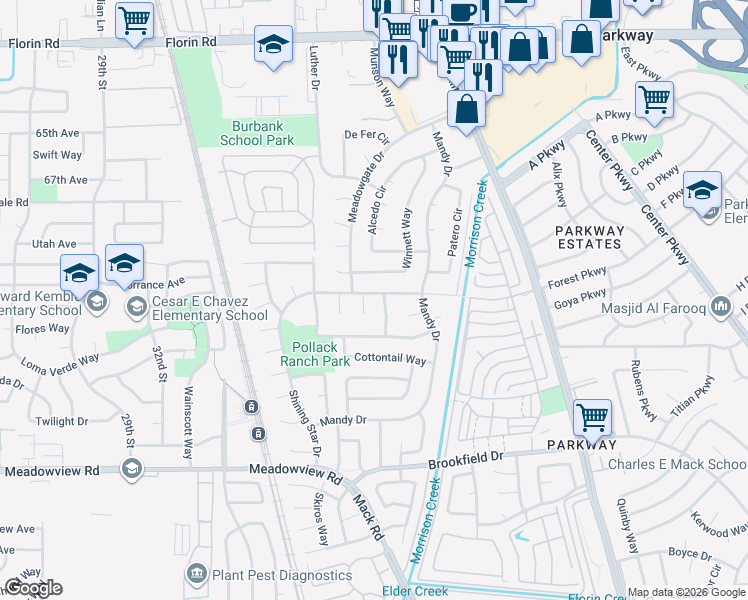 map of restaurants, bars, coffee shops, grocery stores, and more near 10 Synthia Court in Sacramento