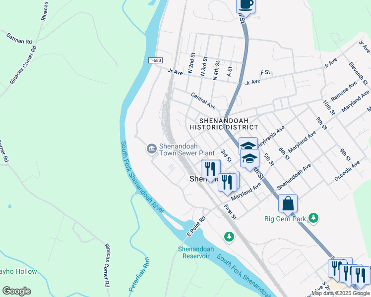 map of restaurants, bars, coffee shops, grocery stores, and more near 314 1st Street in Shenandoah