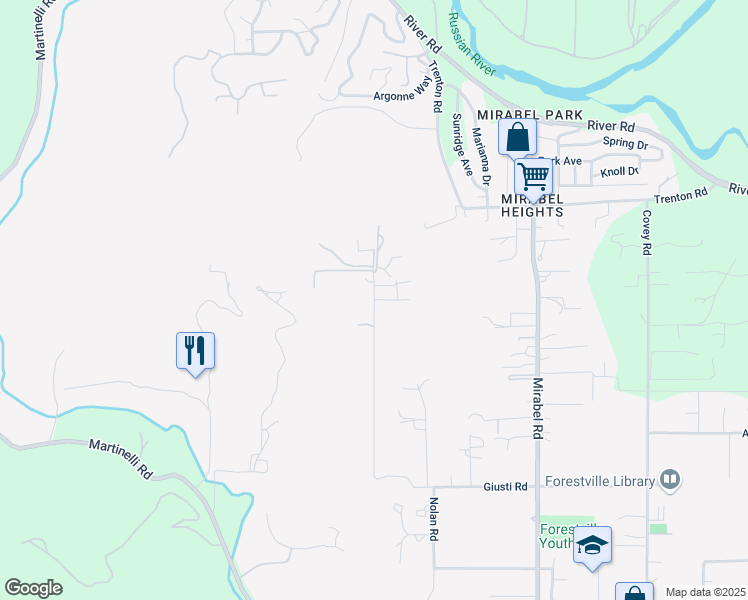 map of restaurants, bars, coffee shops, grocery stores, and more near 7782 Giusti Road in Forestville