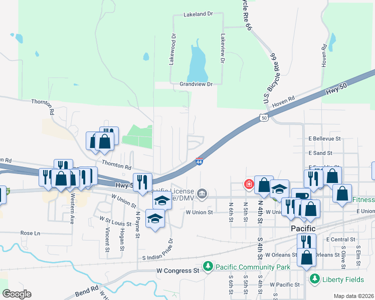 map of restaurants, bars, coffee shops, grocery stores, and more near 23 Monroe Woods in Pacific