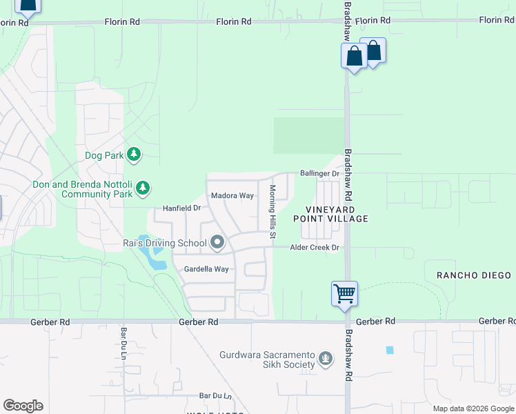 map of restaurants, bars, coffee shops, grocery stores, and more near Twin Acre Way in Sacramento