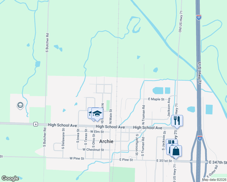 map of restaurants, bars, coffee shops, grocery stores, and more near 301 North Main Street in Archie