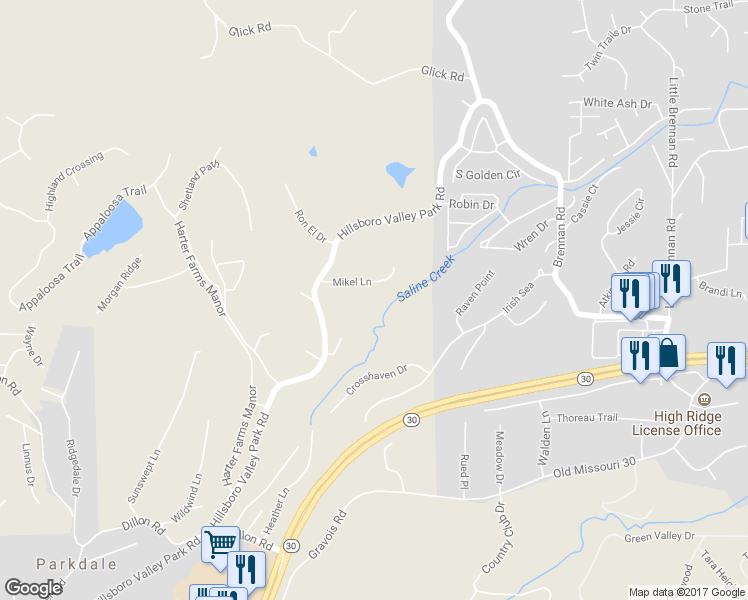 map of restaurants, bars, coffee shops, grocery stores, and more near 5030 Mikel Lane in High Ridge
