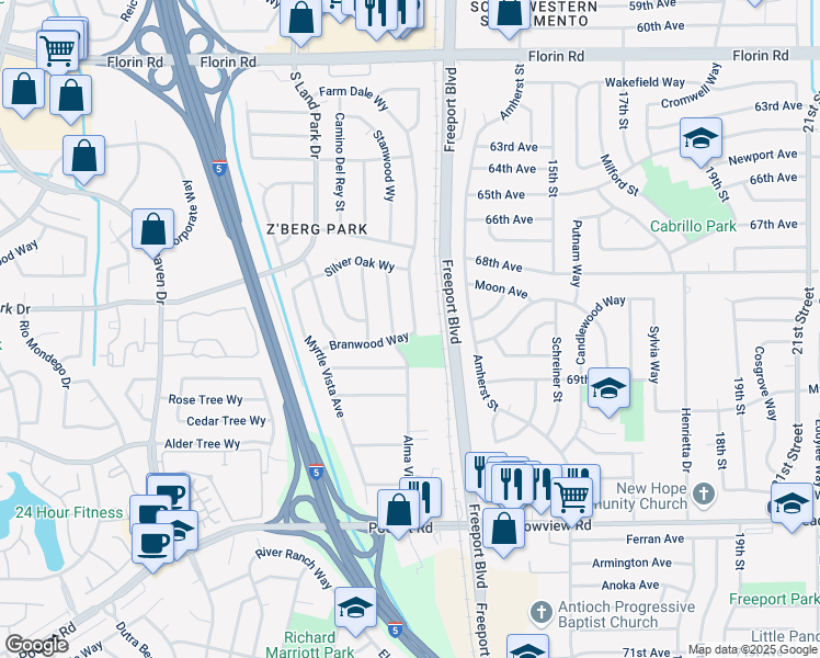 map of restaurants, bars, coffee shops, grocery stores, and more near 7412 Farm Dale Way in Sacramento