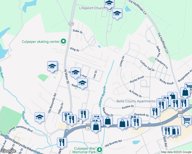 map of restaurants, bars, coffee shops, grocery stores, and more near 1105 Lee Street in Culpeper