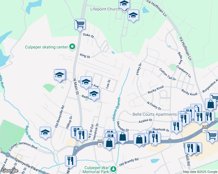 map of restaurants, bars, coffee shops, grocery stores, and more near 1105 Lee Street in Culpeper