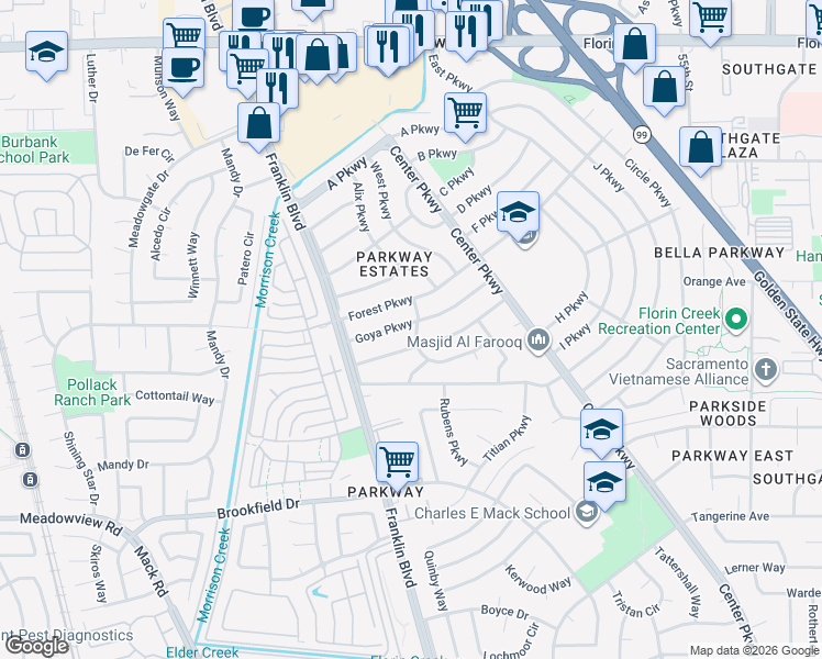 map of restaurants, bars, coffee shops, grocery stores, and more near 7650 Goes Parkway in Sacramento