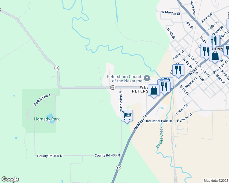 map of restaurants, bars, coffee shops, grocery stores, and more near 309 West Pike Avenue in Petersburg