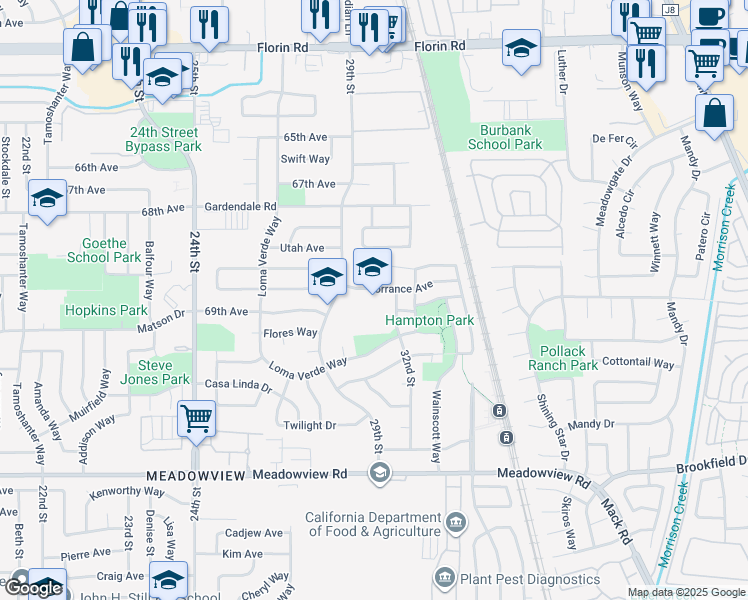 map of restaurants, bars, coffee shops, grocery stores, and more near 2900 Torrance Avenue in Sacramento