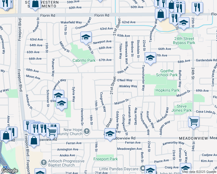 map of restaurants, bars, coffee shops, grocery stores, and more near 2060 Quincy Avenue in Sacramento