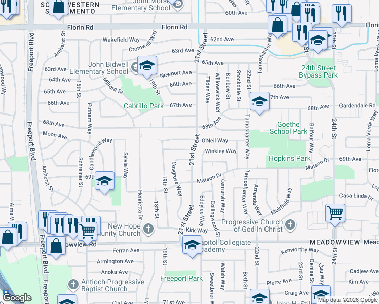 map of restaurants, bars, coffee shops, grocery stores, and more near 7438 21st Street in Sacramento