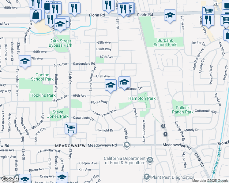 map of restaurants, bars, coffee shops, grocery stores, and more near 7495 29th Street in Sacramento
