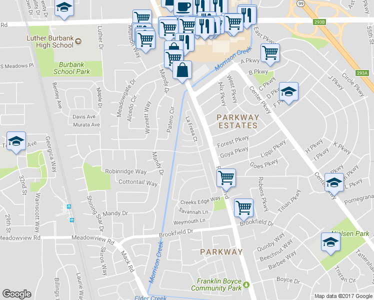 map of restaurants, bars, coffee shops, grocery stores, and more near 4358 Shining Star Drive in Sacramento