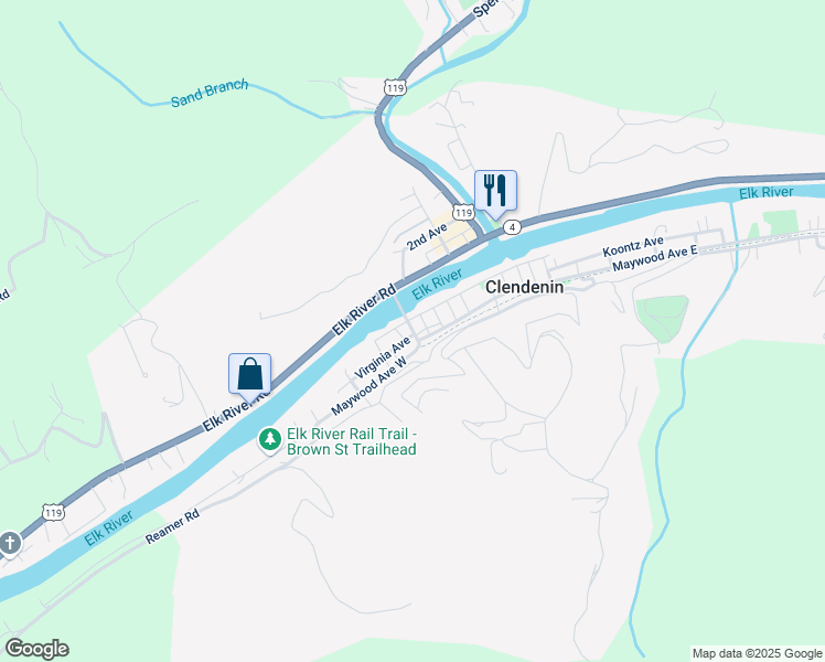 map of restaurants, bars, coffee shops, grocery stores, and more near French Street in Clendenin