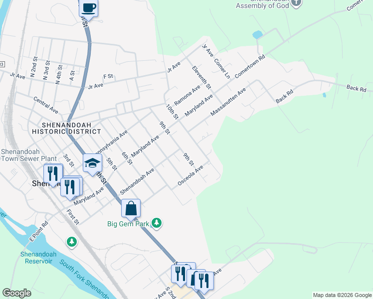 map of restaurants, bars, coffee shops, grocery stores, and more near 708 State Route 719 in Shenandoah