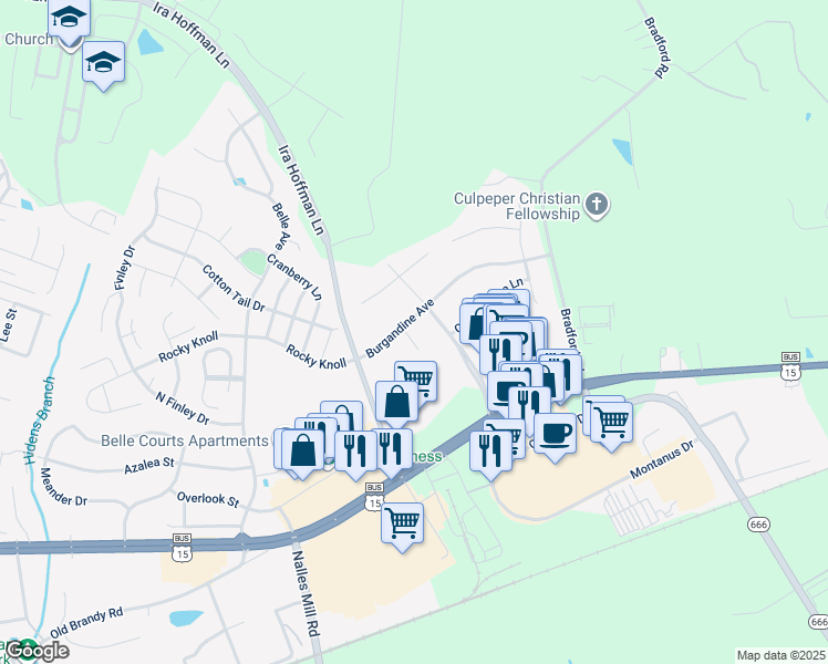 map of restaurants, bars, coffee shops, grocery stores, and more near 15303 Woodridge Court in Culpeper