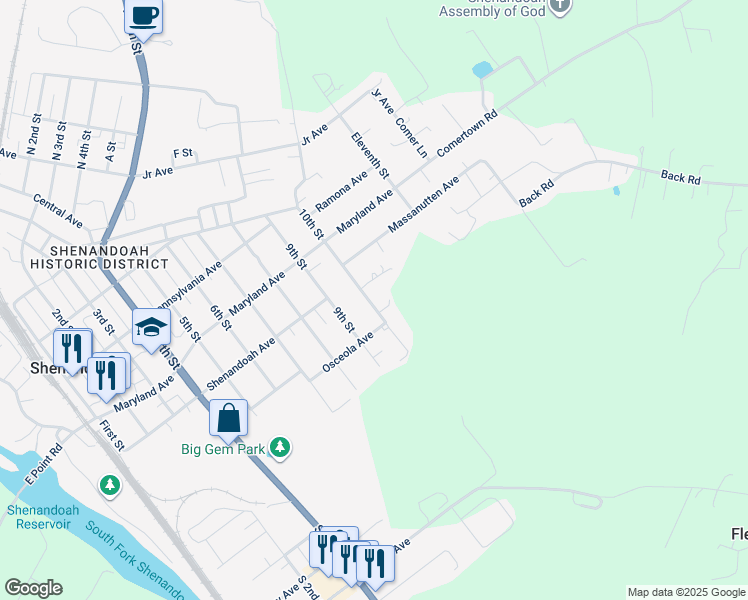 map of restaurants, bars, coffee shops, grocery stores, and more near 703 10th Street in Shenandoah