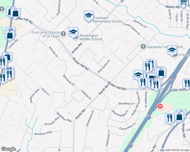 map of restaurants, bars, coffee shops, grocery stores, and more near 4533 Bryncastle Place in St. Louis