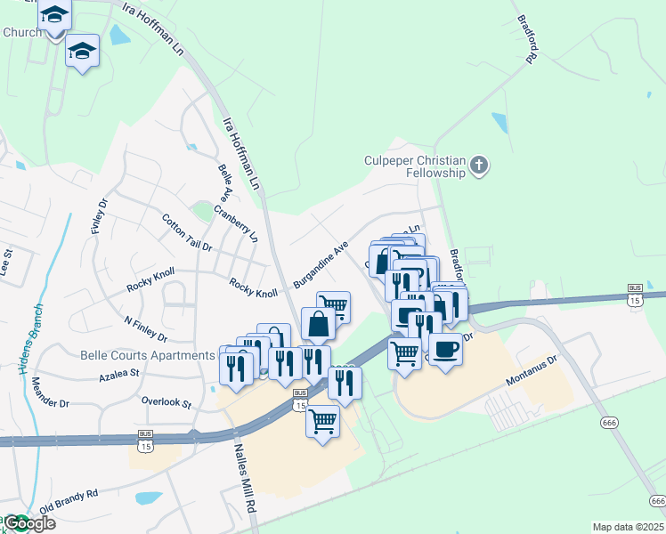 map of restaurants, bars, coffee shops, grocery stores, and more near 15303 Woodridge Court in Culpeper