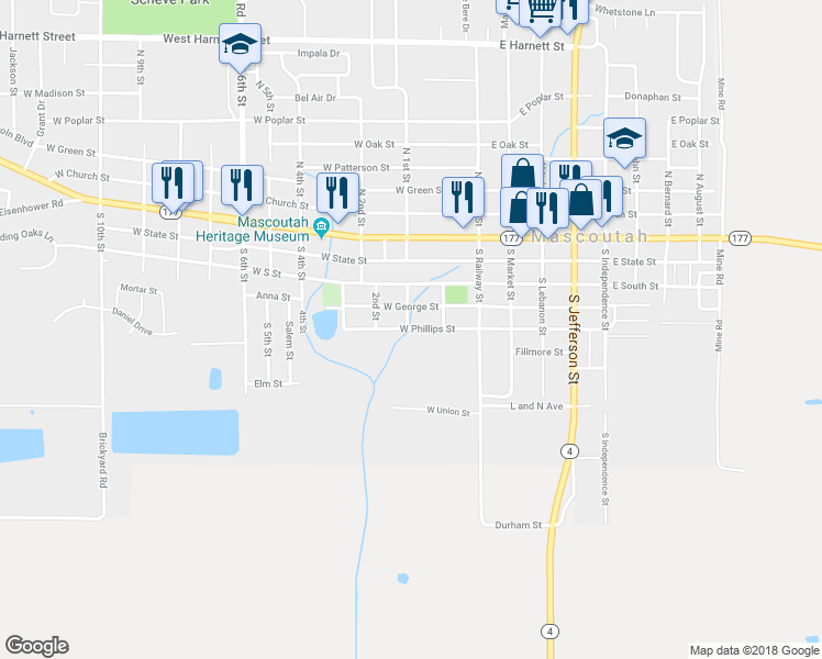map of restaurants, bars, coffee shops, grocery stores, and more near 92 West Phillips Street in Mascoutah