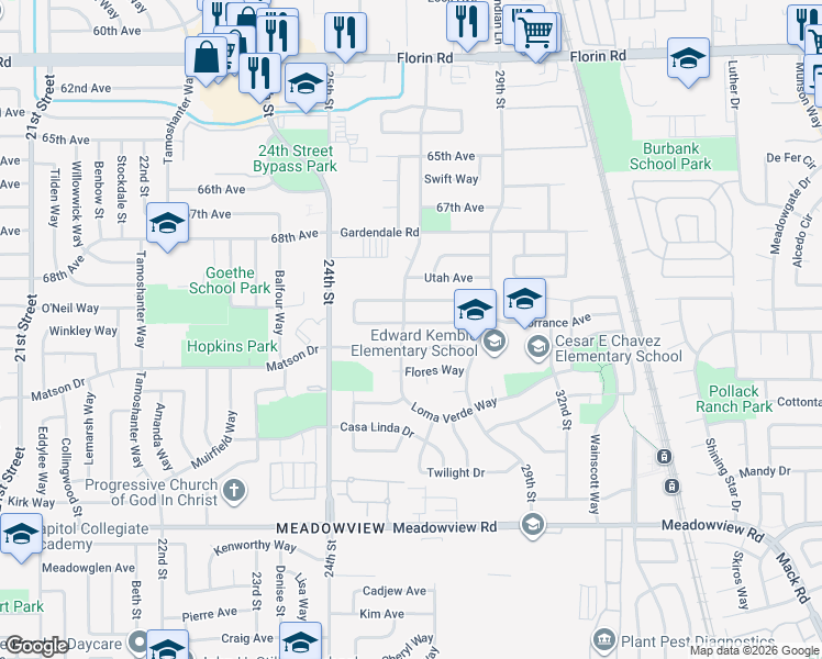 map of restaurants, bars, coffee shops, grocery stores, and more near 7497 Loma Verde Way in Sacramento