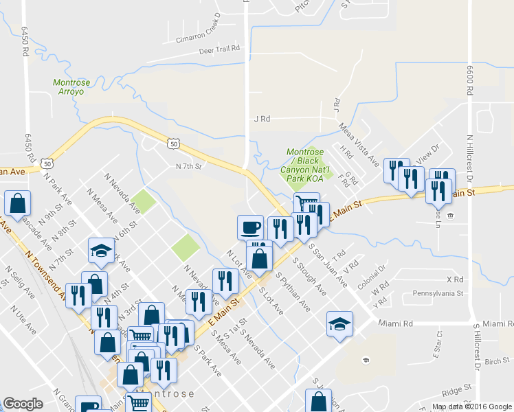 map of restaurants, bars, coffee shops, grocery stores, and more near 224 North Stough Avenue in Montrose